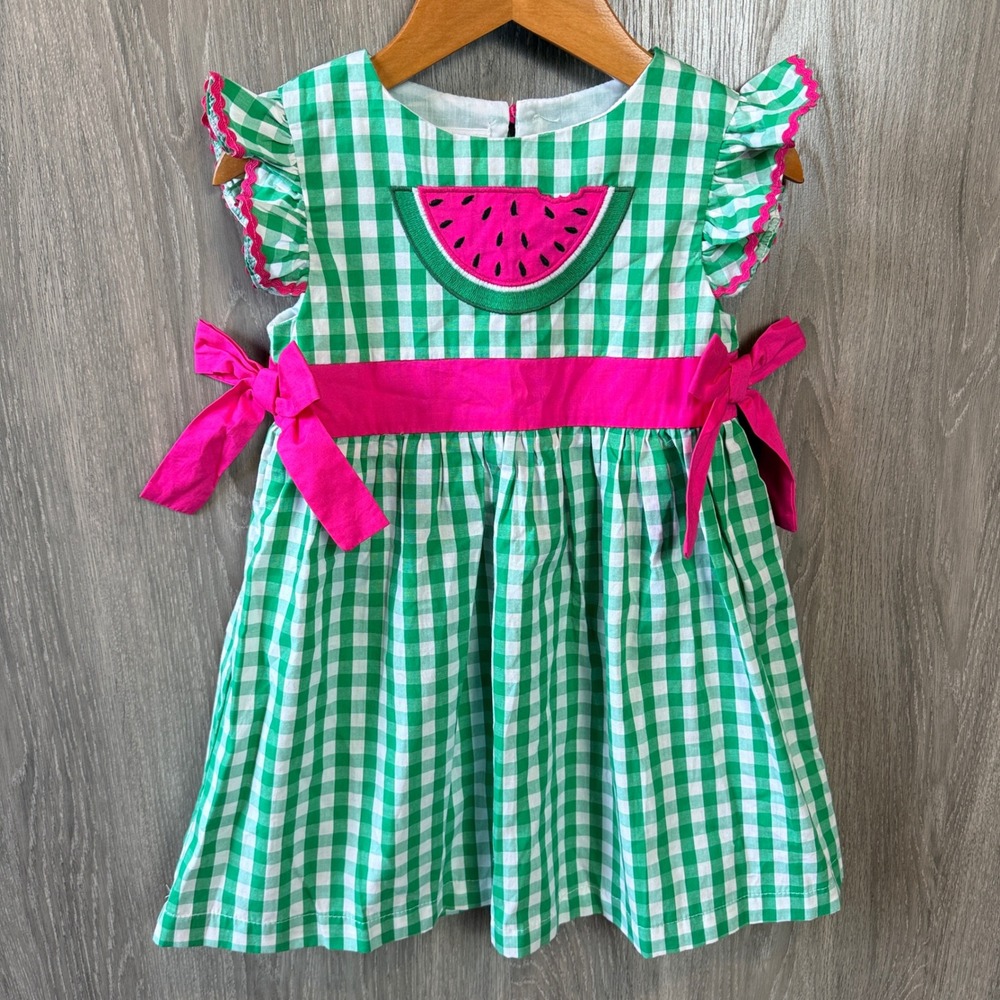 Lil Cactus Dress Girls 2T Green Gingham Watermelon Applique Flutter Sleeves Bow
